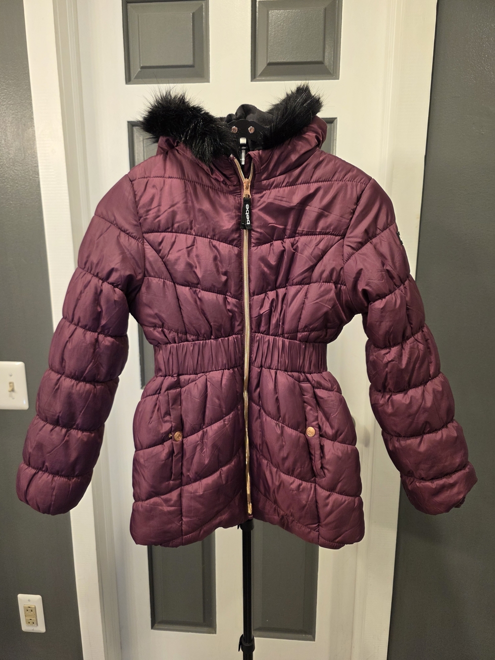 bebe Girls' Quilted Puffer Coat in Plum with Faux Fur Trim